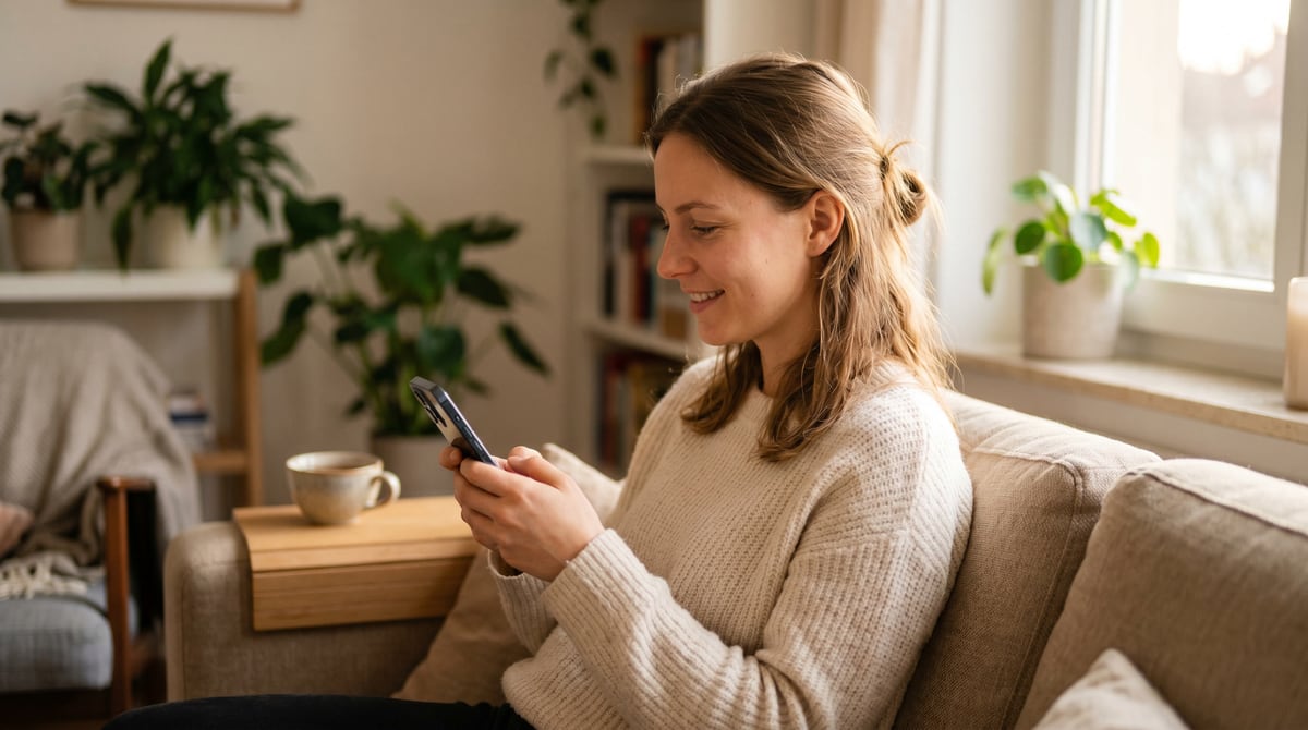 Junge Frau auf Sofa mit Smartphone — BarmeniaGothaer Versicherungen online beantragen