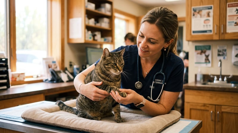 Tierarzt und ruhige Katze während Untersuchung in warmer Tierklinik — symbolisches Bild für Ohrmilben-Diagnostik
