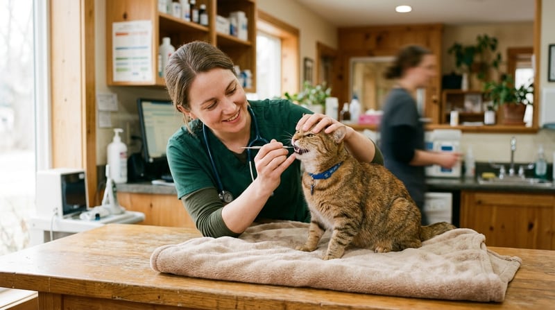 Tierarzt untersucht ruhige Katze in warmer Klinik — symbolisches Bild für Katzenschnupfen-Behandlung