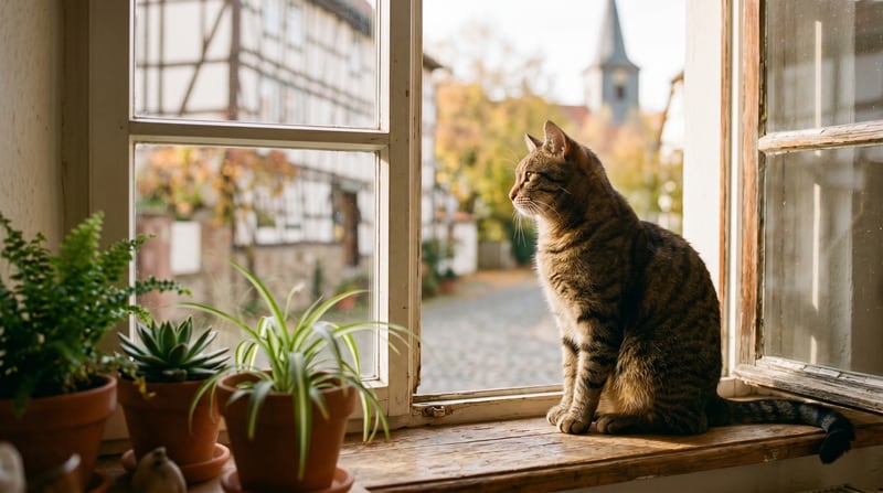 Tabby-Katze sitzt entspannt auf einer sonnigen Holzfensterbank in einem deutschen Fachwerk-Dorf, Topfpflanzen daneben, weiches Nachmittagslicht — geborgen versichert mit der Barmenia Katzenkrankenversicherung