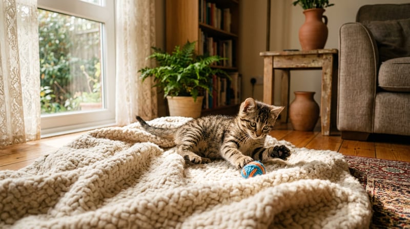 Junge Tabby-Katze (Kitten) sitzt entspannt auf hellem Holz — symbolisches Bild für die Aufnahme ab 8 Wochen
