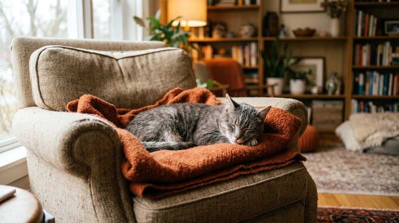 Senior-Tabby-Katze mit silbergrauer Maul-Patina liegt würdevoll auf einer Decke — symbolisches Bild für eine Senior-Katze