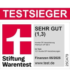 Stiftung Warentest Finanztest 05/2025 — Hunde-OP-Versicherung Premium OP SB 0, SEHR GUT (1,3), Testsieger